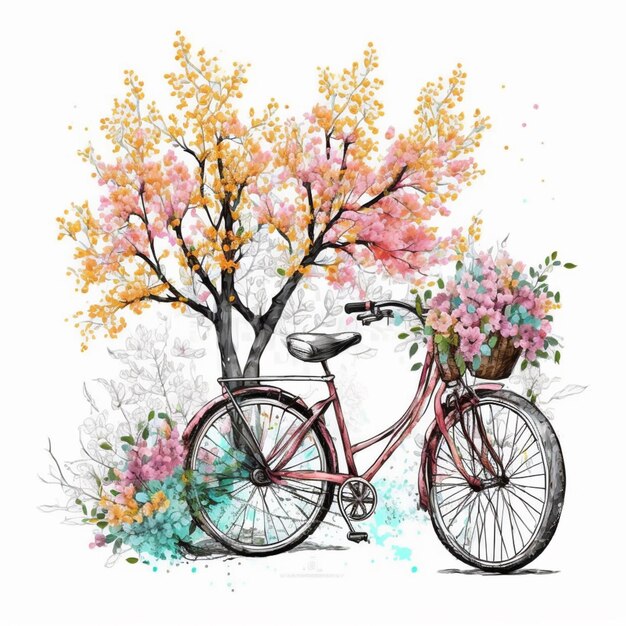 Hay una bicicleta con una canasta de flores en el frente generativo ai