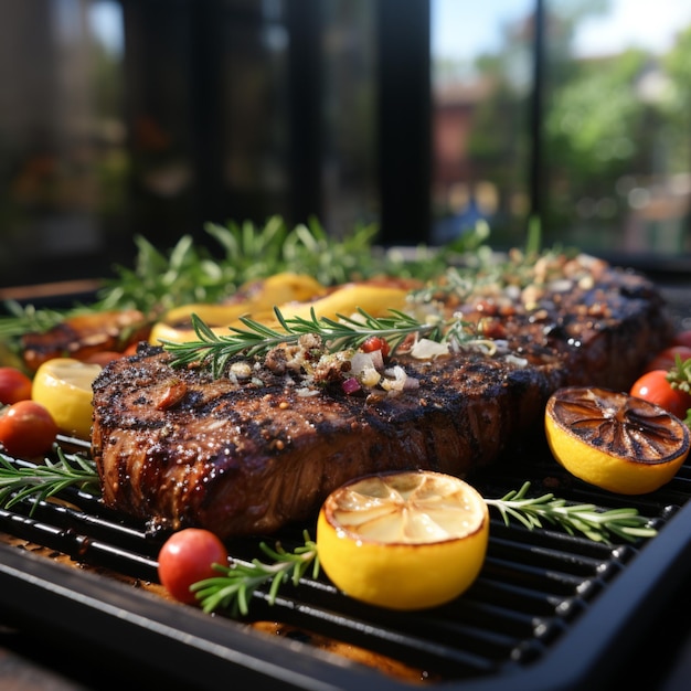 hay un bistec a la parrilla con limones y romero ai generativo