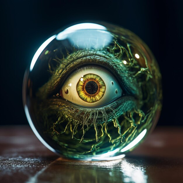 hay una bola de cristal con un ojo verde dentro de ella generativa ai