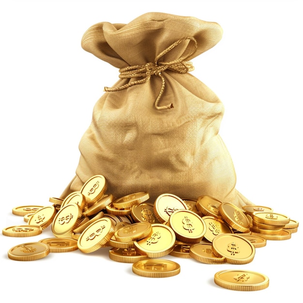 Hay una bolsa de monedas de oro en una pila de monedas De oro