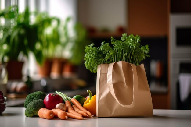 Hay una bolsa de verduras en el mostrador al lado de un plato de fruta generativa ai