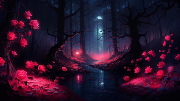 hay un bosque oscuro con un arroyo y flores rojas ai generativo