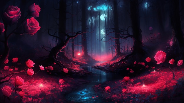 hay un bosque oscuro con un chorro de agua y rosas generativas ai