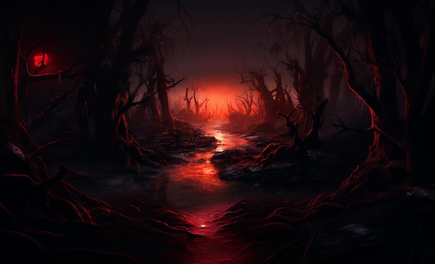 hay un bosque oscuro con una corriente de agua y una luz roja ai generativa