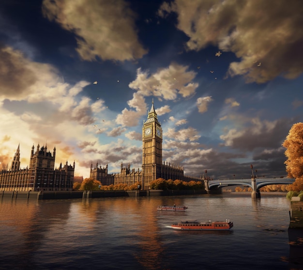 Hay un bote que está flotando en el agua cerca de un big ben generative ai