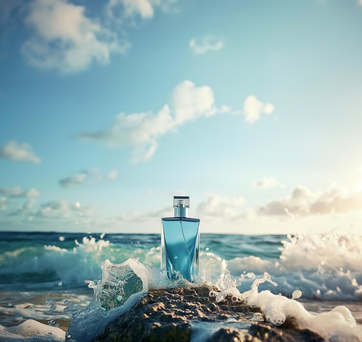 Hay una botella de perfume sentada en una roca en el océano generativo ai