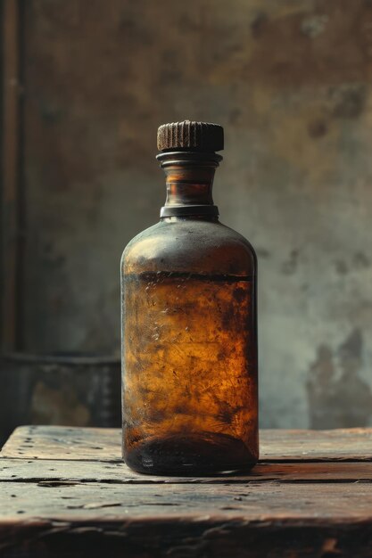 Hay una botella de vidrio vacía en la mesa.