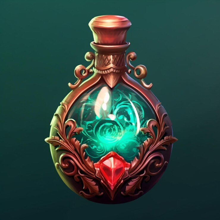 Foto hay una botella de vidrio verde con un diamante rojo dentro de la generativa ai