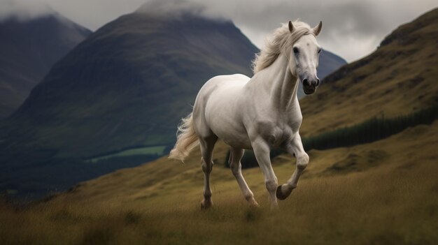 Hay un caballo blanco corriendo en las montañas con un cielo nublado ai generativo