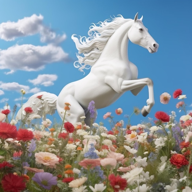 Foto hay un caballo blanco que está de pie en un campo de flores generativo ai