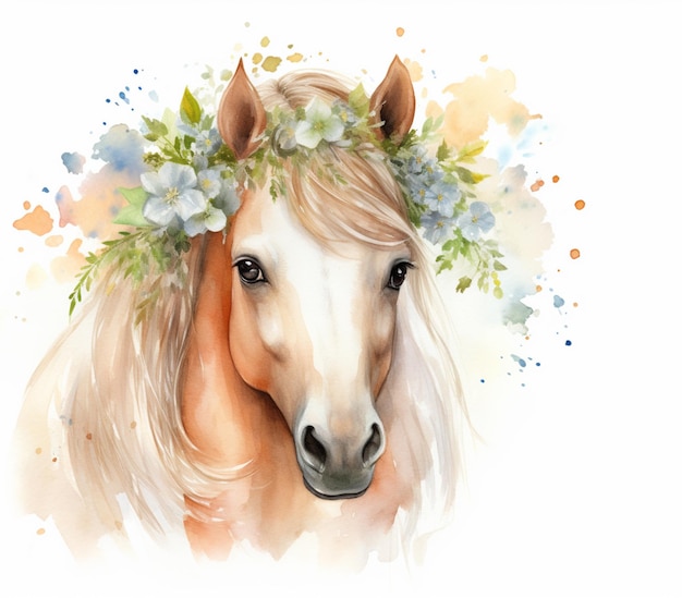 Hay un caballo con una corona de flores en la cabeza ai generativo