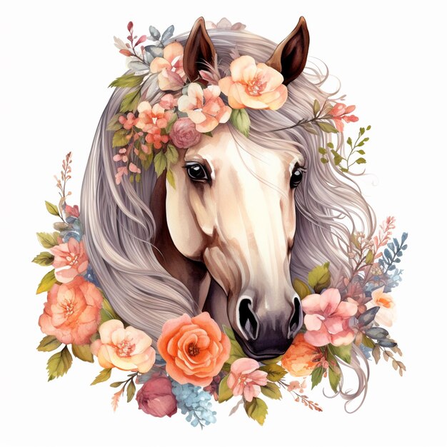 hay un caballo con una corona de flores en la cabeza ai generativo