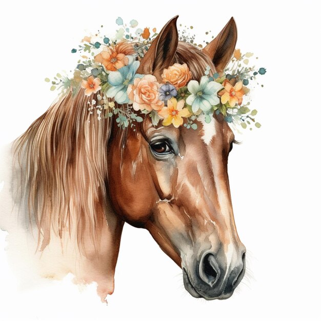 hay un caballo con una corona de flores en su cabeza generativa ai