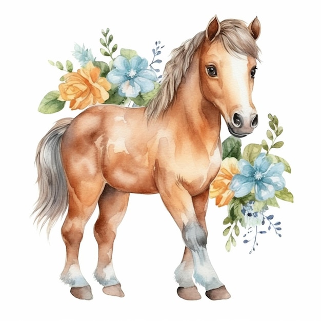 hay un caballo con flores en la espalda de pie generativo ai