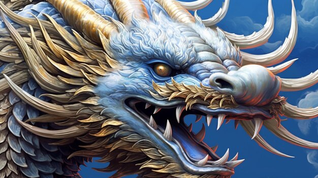 Hay una cabeza de dragón con un ai generativo de fondo de cielo azul.