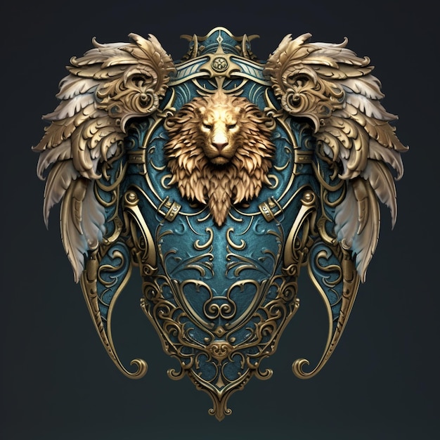 Hay una cabeza de león dorado con alas en un escudo azul generativo ai