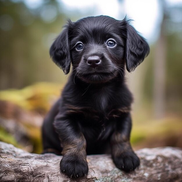 Hay un cachorro negro sentado en un tronco en el bosque generativo ai