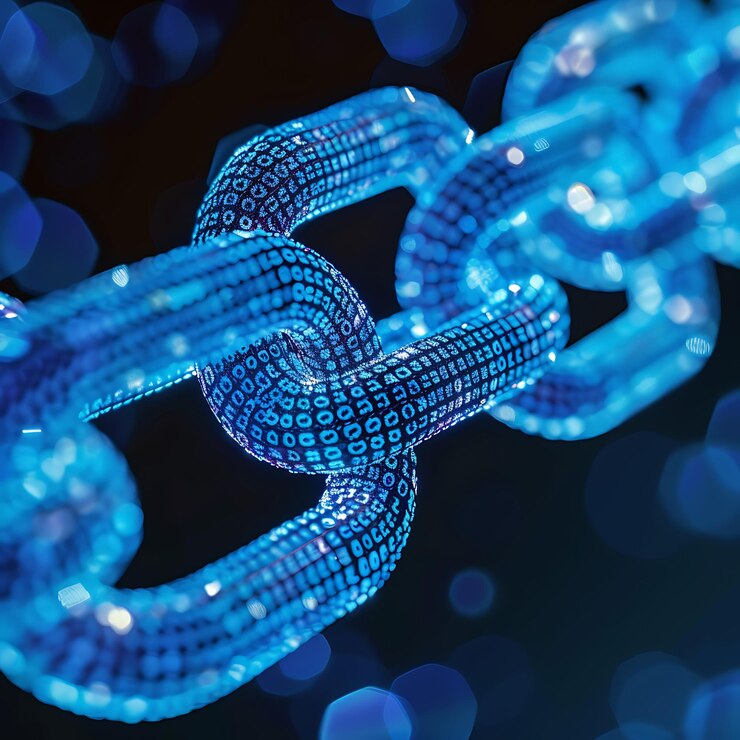 Foto hay una cadena azul con un enlace que está conectado a ella