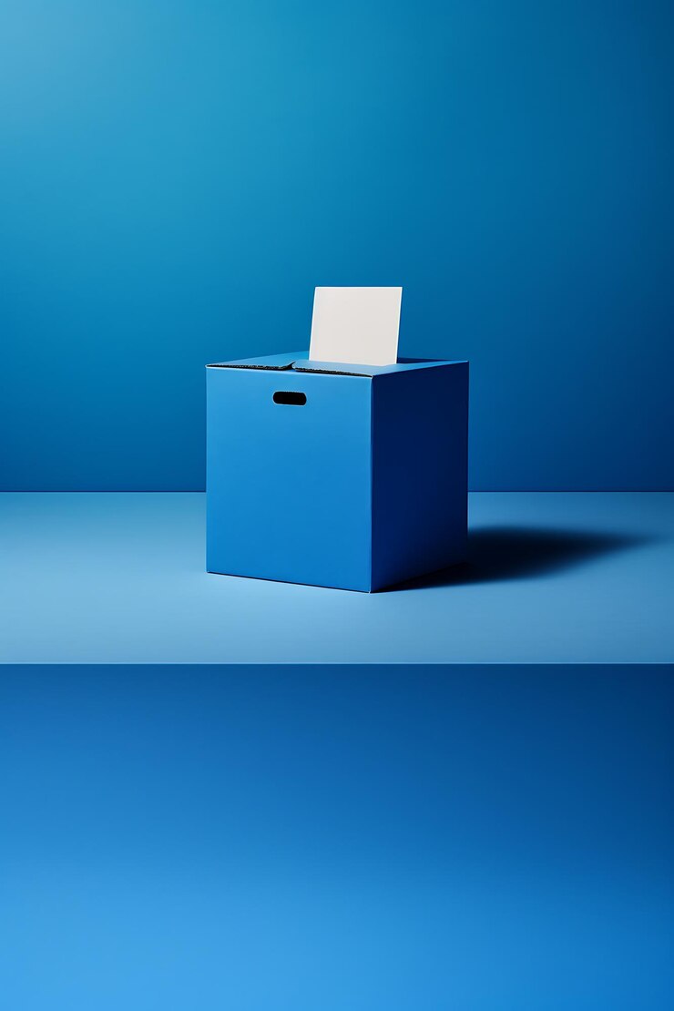hay una caja azul con un pedazo de papel en ella