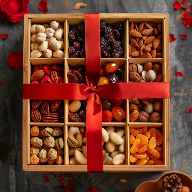 Hay una caja de nueces y frutas secas con una cinta roja generativa ai
