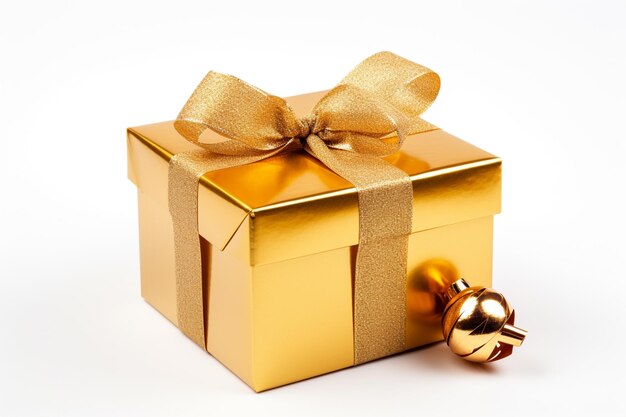 Foto hay una caja de regalo de oro con una cinta de oro y una campana generativa ai