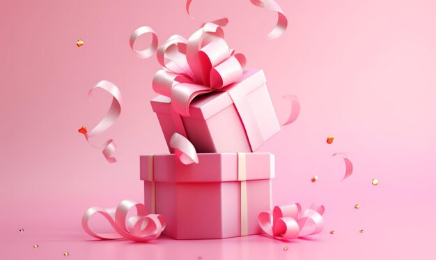 Hay una caja de regalo rosa con un lazo rosa y ai generativo de serpentinas.