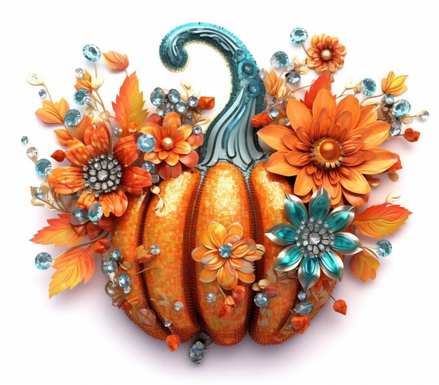 hay una calabaza decorativa con flores y hojas en ella ai generativa