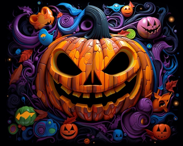 hay una calabaza de Halloween con una cara aterradora rodeada de otras decoraciones de Halloween generativa ai