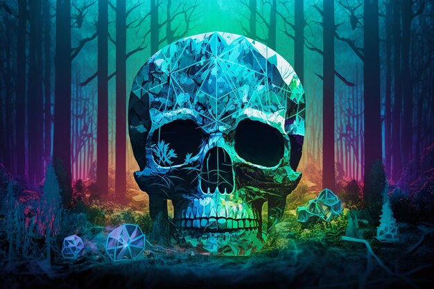 hay una calavera en el bosque con un fondo brillante ai generativo