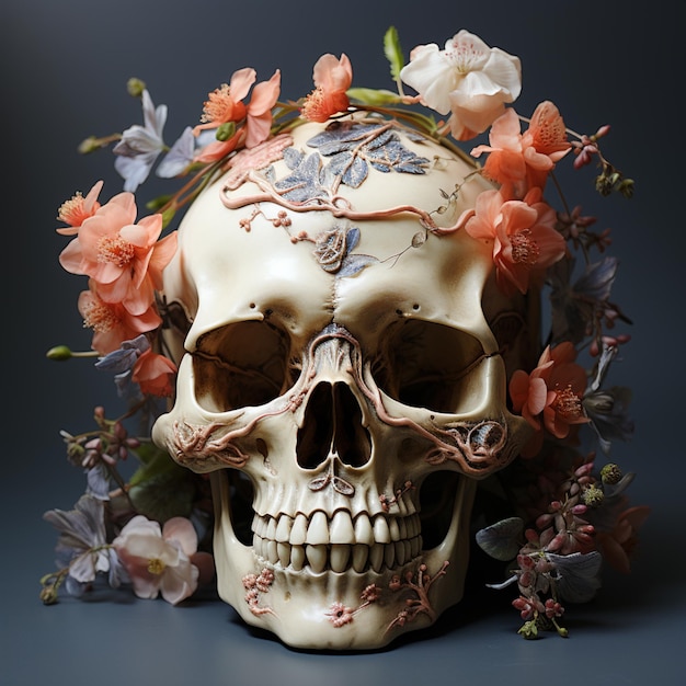 hay una calavera con una corona floral ai generativa