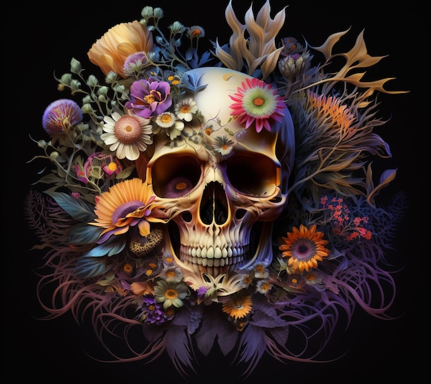 Hay una calavera con una corona de flores en ella generativa ai