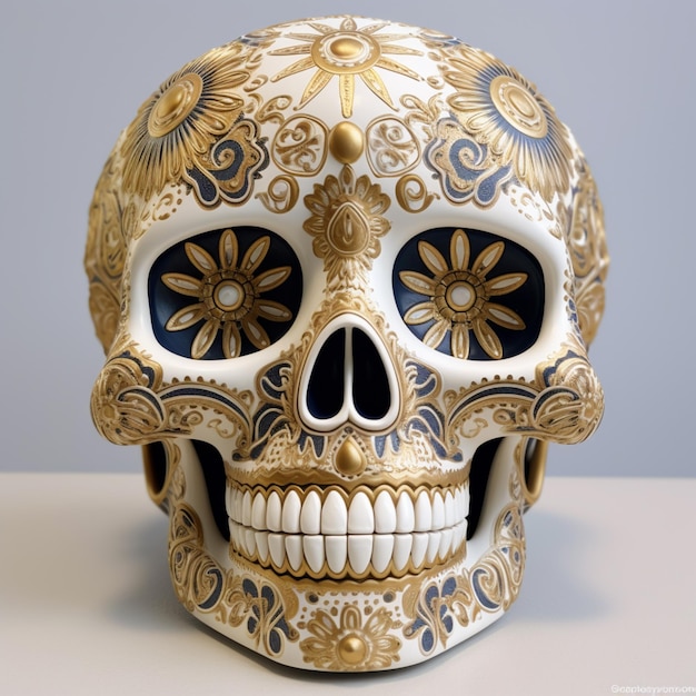 hay una calavera dorada y blanca con un diseño floral ai generativo