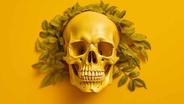 Foto hay una calavera con hojas sobre un fondo amarillo ai generativo