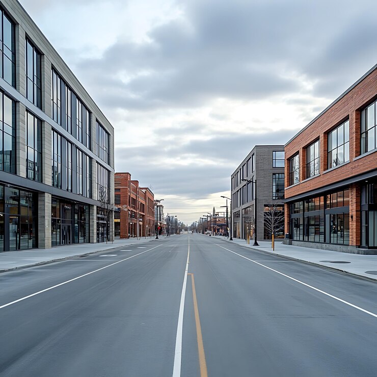 hay una calle vacía con edificios a ambos lados