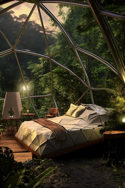 Foto hay una cama en una cúpula de vidrio con una plataforma de madera generativa ai