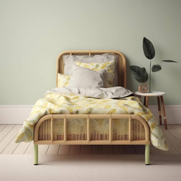 Hay una cama con un edredón amarillo y blanco y una planta generativa ai