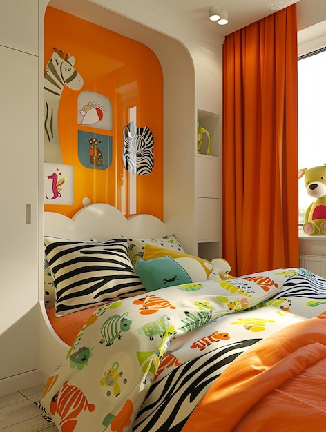 hay una cama con un edredón colorido y un animal de peluche generativo ai