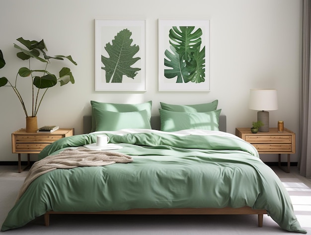 Hay una cama con un edredón verde y dos cuadros en la pared ai generativo