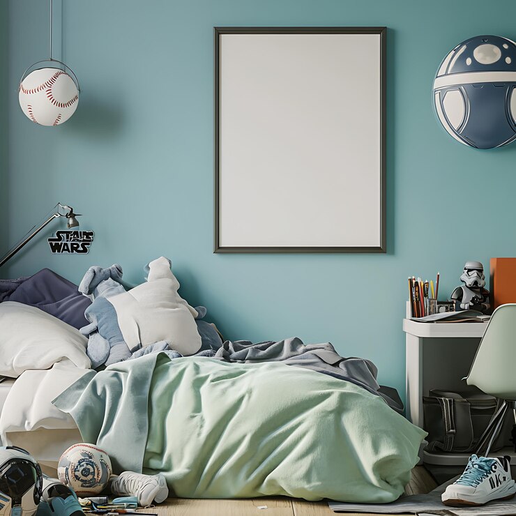 hay una cama con un edredón verde y una pared azul