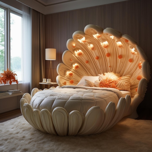 Hay una cama con un gran cabecero en forma de concha en una habitación generative ai