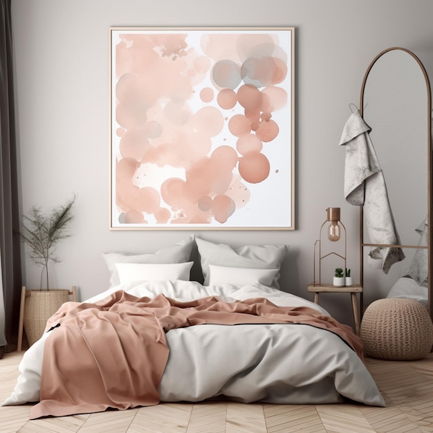 Hay una cama con una manta rosa y una pintura blanca y rosa generativa ai