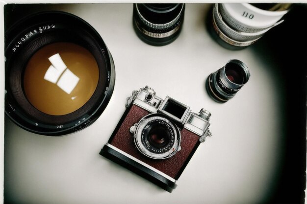 Foto hay una cámara y una taza de café en una mesa