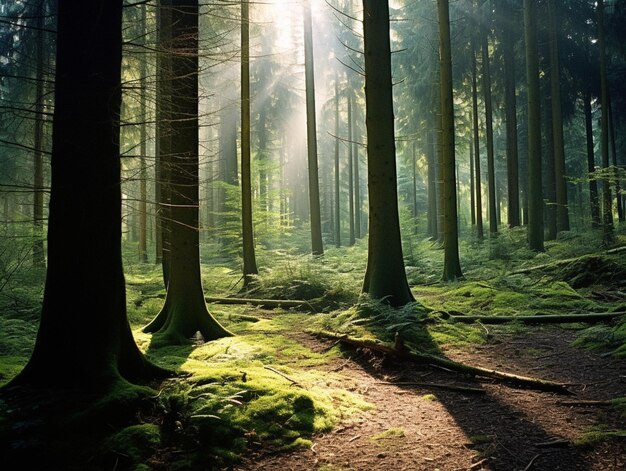 Hay un camino en el bosque con musgo en el suelo generativo ai