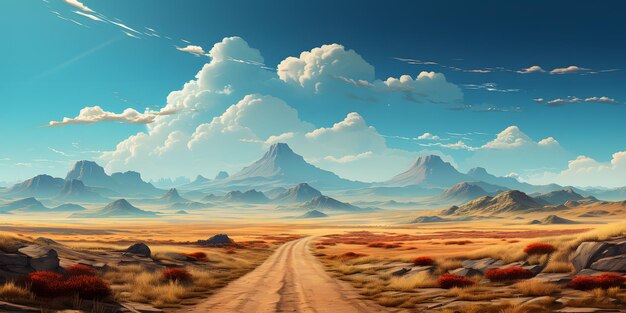 Hay un camino de tierra que atraviesa un desierto con montañas en el fondo ai generativo