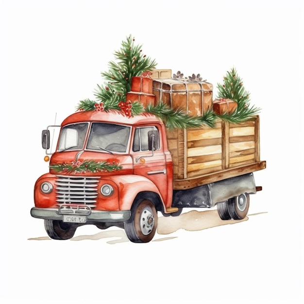 Hay un camión rojo con un montón de árboles de Navidad en la parte trasera generativo ai