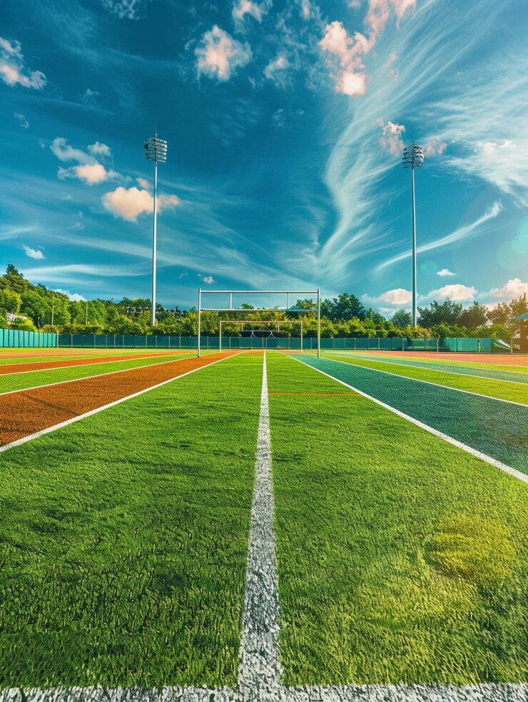 Hay un campo de béisbol con un campo de hierba verde y un cielo azul generativo ai