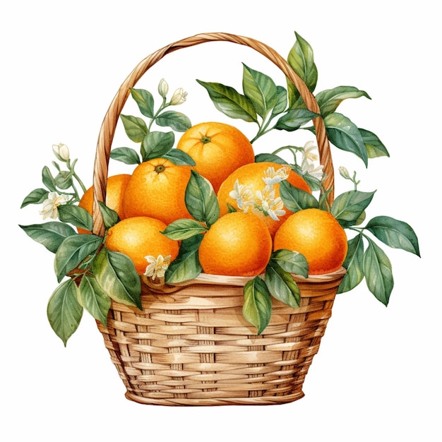 Hay una canasta de naranjas con hojas y flores generativas ai