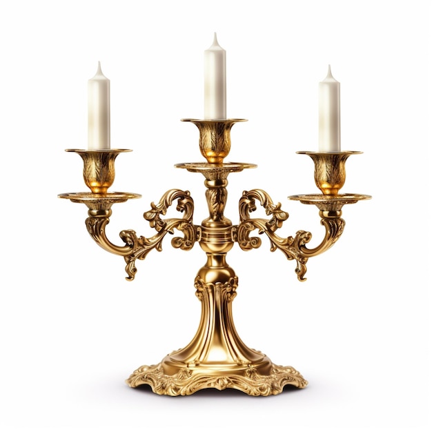 Foto hay un candelabro de oro con tres velas en él generativo ai