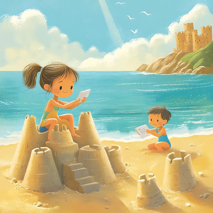 Hay una caricatura de una chica y un chico construyendo un castillo en la playa.