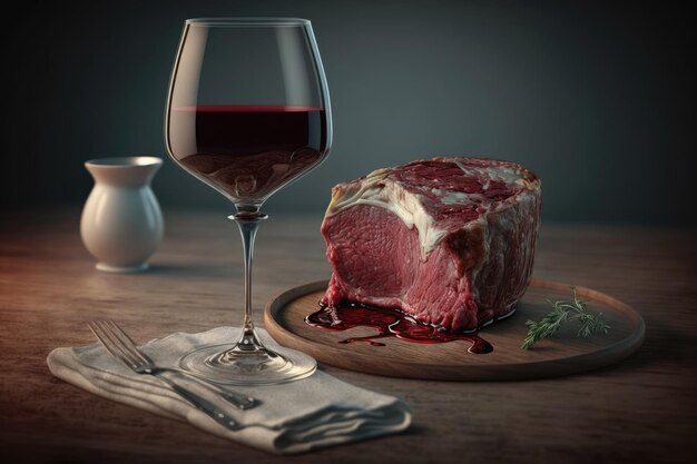 Hay carne en la mesa y un poco de vino tinto en las copas.
